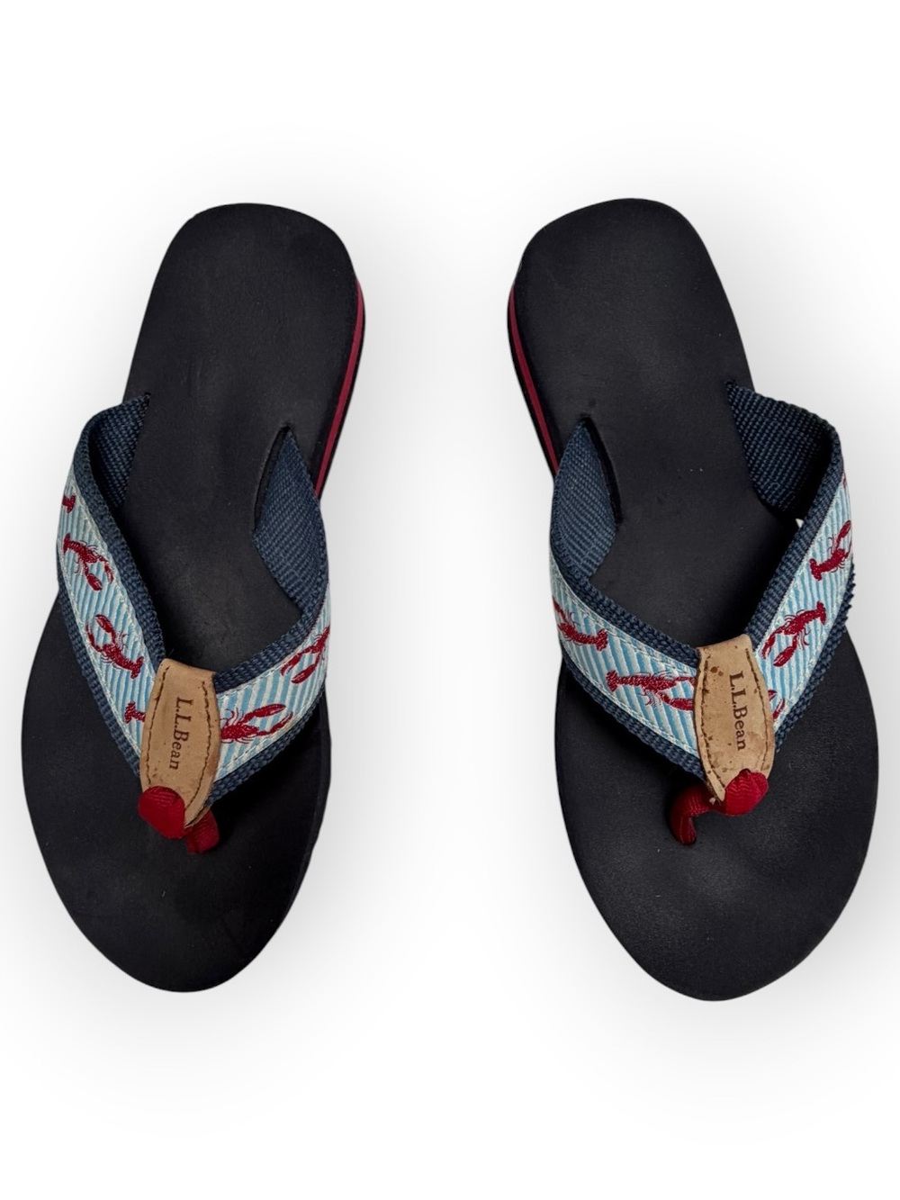 L.L. Bean Navy and Red Lobster Print Flip Flops